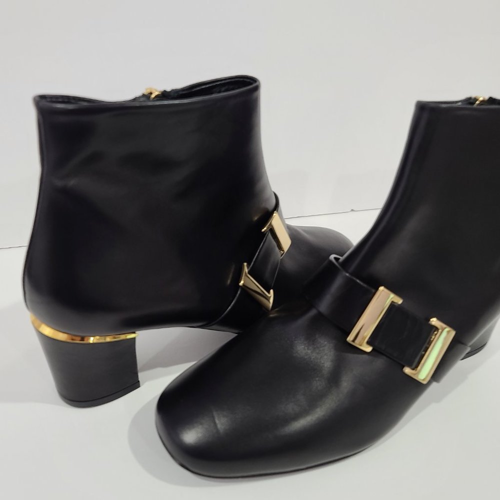 SALE! ✅ DELMAN Black Calfskin Leather Ankle Boot Gold Strap Buckle 9M ✨NEW
